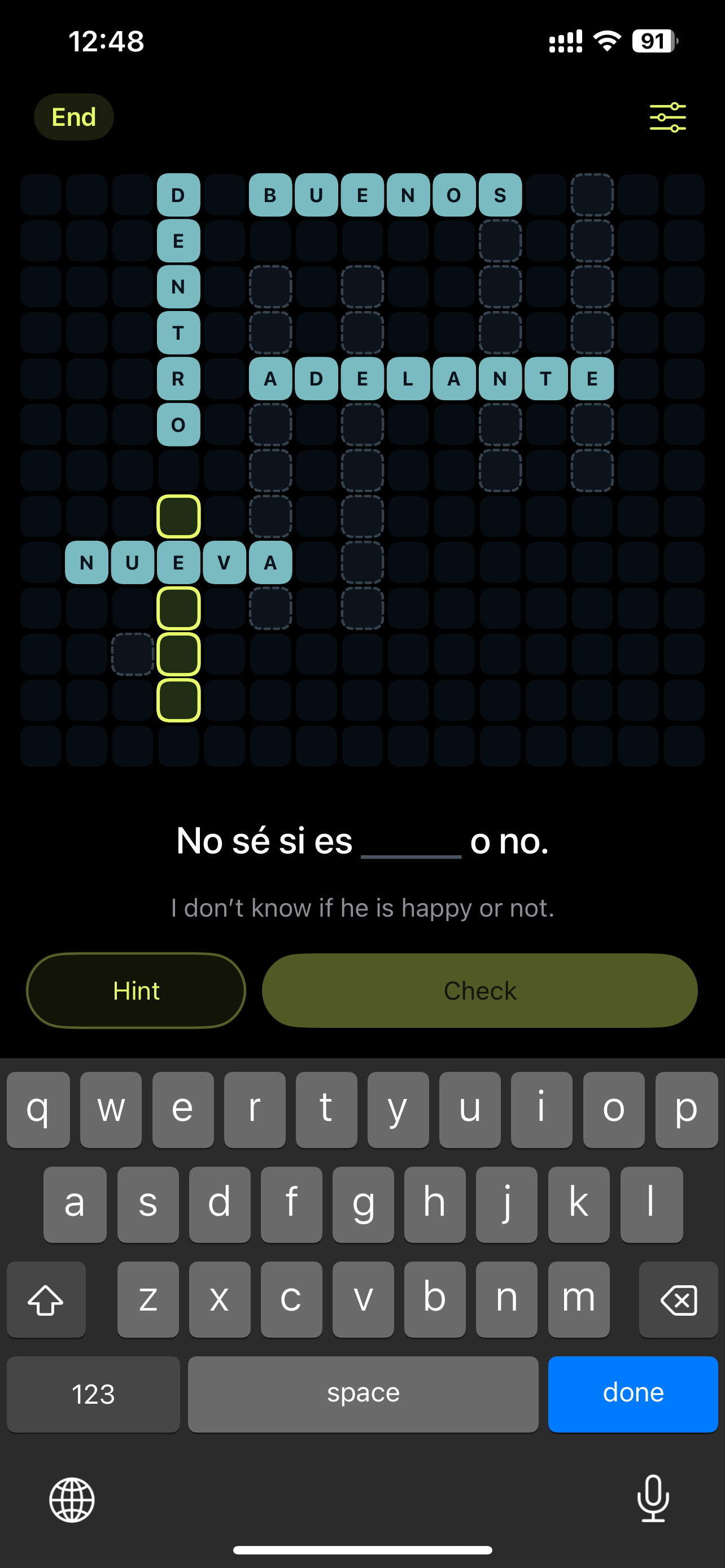 Die App 10 Words auf einem iPhone: ein Kreuzworträtsel mit spanischen Wörtern und dem Satz „No sé si es ______ o no.“ samt englischer Übersetzung.