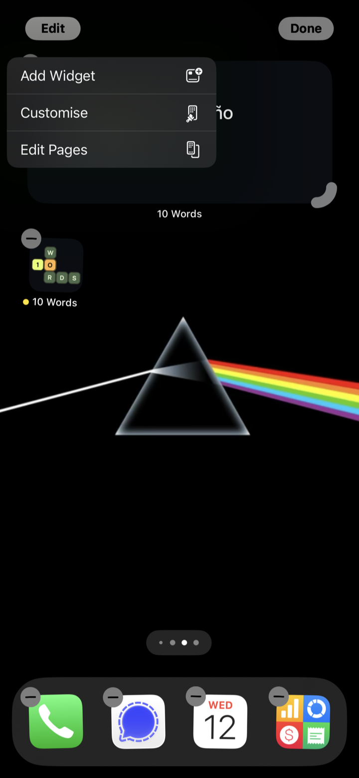 Home Screen in edit mode with the Add Widget menu open